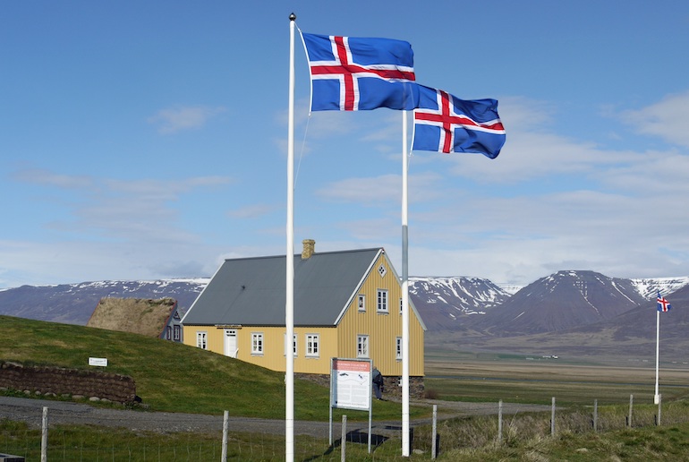 The Icelandic flag represents fire, snow and mountains